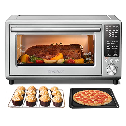 COMFEE' Toaster Oven Air Fryer FLASHWAVE™ Rapid-Heat Technology, Convection Oven Countertop with Bake Broil Roast, 6 Slices Large Capacity Fits 12’’ Pizza 24QT, 4 Accessories 1750W Stainless Steel