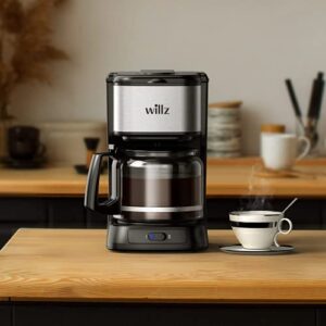 Willz 12-Cup Drip Coffee Maker with Reusable Filter & Coffee Scoop, Large Capacity, Black with Stainless Steel Trim