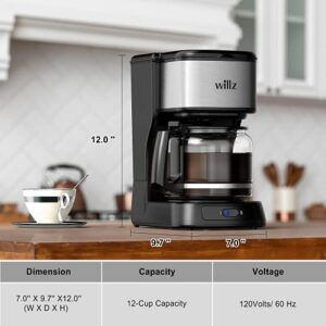 Willz 12-Cup Drip Coffee Maker with Reusable Filter & Coffee Scoop, Large Capacity, Black with Stainless Steel Trim