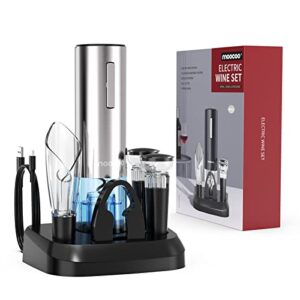 electric wine opener with charging base, moocoo stainless steel automatic electric wine bottle corkscrew opener gift set with 2-in-1 aerator & pourer, foil cutter, 2 vacuum stoppers, rechargeable