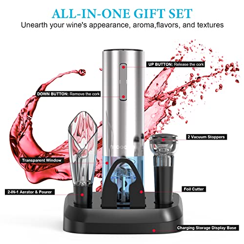 Electric Wine Opener with Charging Base, Moocoo Stainless Steel Automatic Electric Wine Bottle Corkscrew Opener Gift Set with 2-in-1 Aerator & Pourer, Foil Cutter, 2 Vacuum Stoppers, Rechargeable