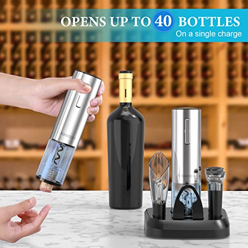 Electric Wine Opener with Charging Base, Moocoo Stainless Steel Automatic Electric Wine Bottle Corkscrew Opener Gift Set with 2-in-1 Aerator & Pourer, Foil Cutter, 2 Vacuum Stoppers, Rechargeable