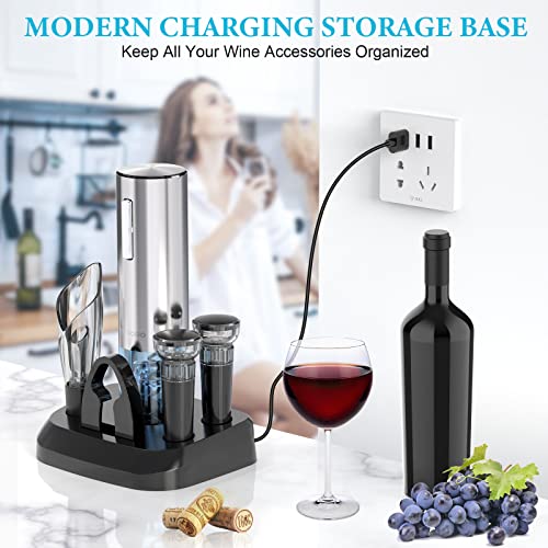 Electric Wine Opener with Charging Base, Moocoo Stainless Steel Automatic Electric Wine Bottle Corkscrew Opener Gift Set with 2-in-1 Aerator & Pourer, Foil Cutter, 2 Vacuum Stoppers, Rechargeable