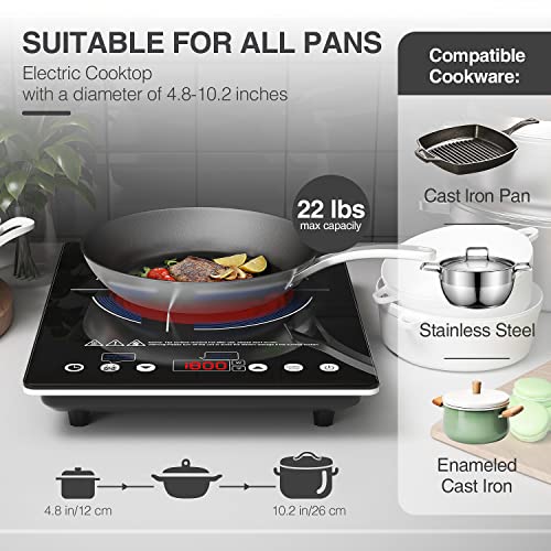 ANHANE 1800W Electric Hot Plate Single Burner,Portable Electric Stove for Cooking,Infrared Burner,4-Hour Setting,Black Crystal Glass Surface Compatible for All Cookware