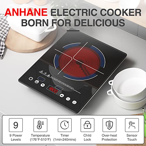 ANHANE 1800W Electric Hot Plate Single Burner,Portable Electric Stove for Cooking,Infrared Burner,4-Hour Setting,Black Crystal Glass Surface Compatible for All Cookware