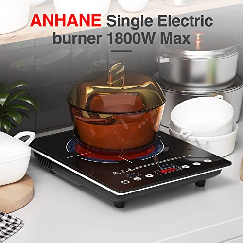 ANHANE 1800W Electric Hot Plate Single Burner,Portable Electric Stove for Cooking,Infrared Burner,4-Hour Setting,Black Crystal Glass Surface Compatible for All Cookware