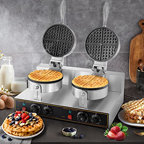 Dyna-Living Commercial Waffle Maker 2400W Double Heads Waffle Maker Non-stick Round Waffle Iron Maker Thicken Stainless Steel Home or Commercial Use Waffle Maker Machine for Restaurant or Bakery 110V