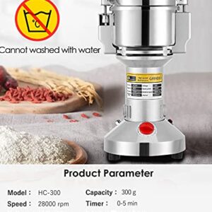 CGOLDENWALL 300g Electric Grain Mill Grinder Safety Upgraded Spice Grinder Pulverizer Stainless Steel Machine for Dry Spices Herbs Grains Coffee Seeds Rice Corn Pepper 110V