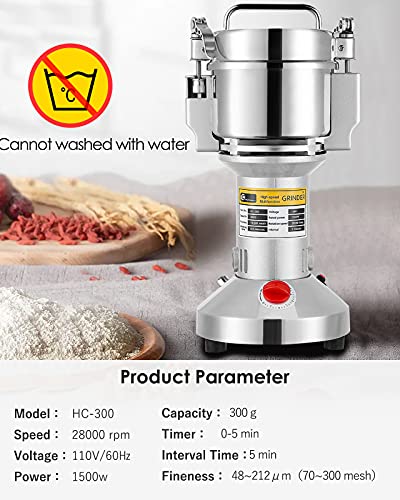 CGOLDENWALL 300g Electric Grain Mill Grinder Safety Upgraded Spice Grinder Pulverizer Stainless Steel Machine for Dry Spices Herbs Grains Coffee Seeds Rice Corn Pepper 110V