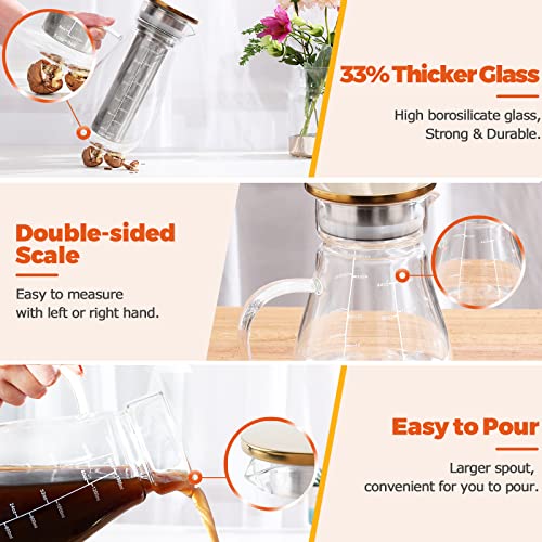 DUJUST Cold Brew Coffee Maker (44oz), Glass Iced Coffee Maker with Double Silicone Seals, 304 Stainless Steel Filter, Thick Glass Cold Brew Pitcher, Large Spout Easy to Pour, BPA-Free & Lead-Free