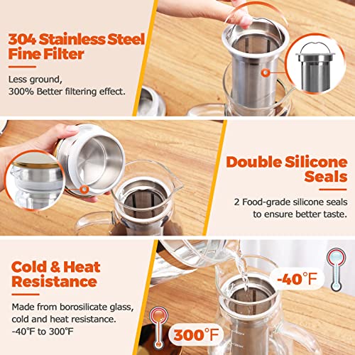 DUJUST Cold Brew Coffee Maker (44oz), Glass Iced Coffee Maker with Double Silicone Seals, 304 Stainless Steel Filter, Thick Glass Cold Brew Pitcher, Large Spout Easy to Pour, BPA-Free & Lead-Free