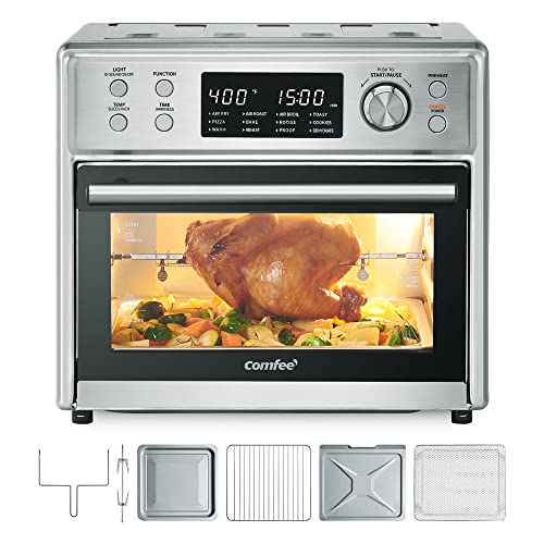 COMFEE' 12-in-1 Toaster Oven Air Fryer Combo Countertop 6 Slice 12’’ Pizza, Convection Toaster Oven with Rotisserie, Precise Temperature Control 26.4 QT Large Capacity, Stainless Steel