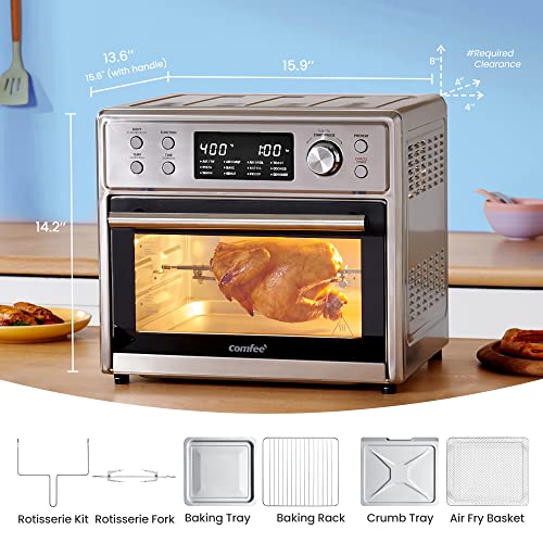 COMFEE' 12-in-1 Toaster Oven Air Fryer Combo Countertop 6 Slice 12’’ Pizza, Convection Toaster Oven with Rotisserie, Precise Temperature Control 26.4 QT Large Capacity, Stainless Steel