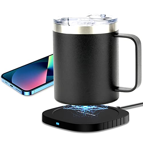 TIGPOW Coffee Cup Warmer with Mug set,Double-layer 18/8 Stainless Steel Heated Mug,Wireless Charging Function,Self Heating Coffee Mug for Office Desks, and Home (Black 12oz)