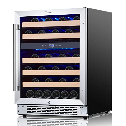 Yeego Wine Cooler, 24" Dual Zone Wine Fridge, 46 Bottle,with Upgraded Compressor and Tempered Glass Door, 40℉-65℉ Temperature Control, Low Noise, Glass Door, Safety Lock