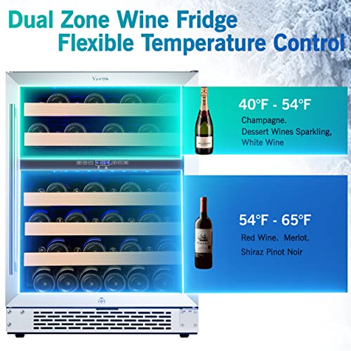 Yeego Wine Cooler, 24" Dual Zone Wine Fridge, 46 Bottle,with Upgraded Compressor and Tempered Glass Door, 40℉-65℉ Temperature Control, Low Noise, Glass Door, Safety Lock