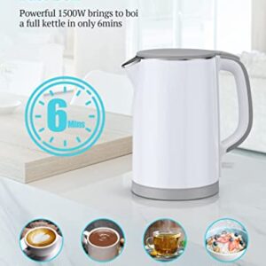 Electric Kettle, Double Wall 100% Stainless Steel Cool Touch Tea Kettle with 1500W Fast Boiling Heater, Auto Shut-Off & Boil Dry Protection, BPA-Free, White