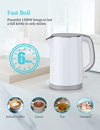 Electric Kettle, Double Wall 100% Stainless Steel Cool Touch Tea Kettle with 1500W Fast Boiling Heater, Auto Shut-Off & Boil Dry Protection, BPA-Free, White