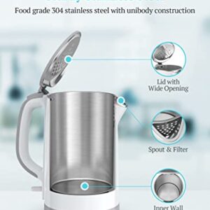 Electric Kettle, Double Wall 100% Stainless Steel Cool Touch Tea Kettle with 1500W Fast Boiling Heater, Auto Shut-Off & Boil Dry Protection, BPA-Free, White