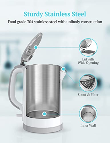 Electric Kettle, Double Wall 100% Stainless Steel Cool Touch Tea Kettle with 1500W Fast Boiling Heater, Auto Shut-Off & Boil Dry Protection, BPA-Free, White