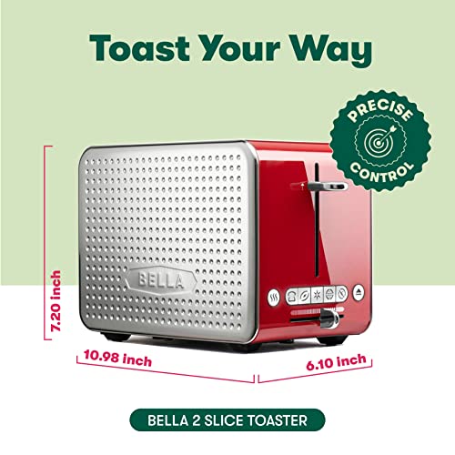 BELLA 2 Slice Toaster with Wide Slots, Touchscreen - Removable Crumb Tray, Adjustable Browning Control With Multiple Settings - Stainless Steel and Red