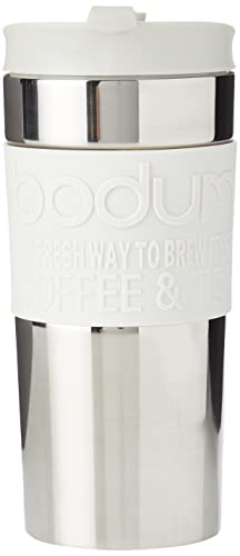 Bodum Travel French Press Coffee Maker Set, Stainless Steel with Extra Lid, Vacuum, 0.35 L/12 oz, White