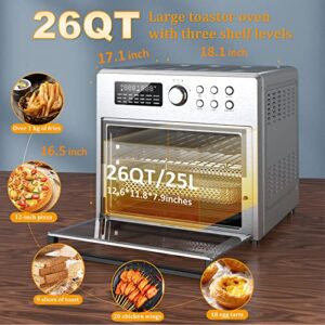 LOVMOR 26 Quart Air Fryer Oven with 9 Accessories,21-in-1 Smart Large Airfryer,Countertop Convection Toaster Ovens for Rotisserie,Baking,Dehydrators,Grills, Stainless steel, 15.7"*13.7"*12.1"
