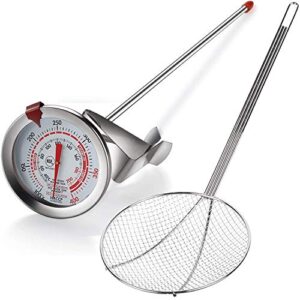 oil/deep fry thermometer with oil skimmer for cooking | includes deep fryer thermometer with clip for frying oil, turkey, bbq, grill and strainer spoon with handle for frying, cooking, skimming.