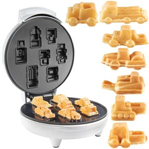 Construction Trucks Mini Waffle Maker- Make 7 Fun Different Vehicle Shaped Pancakes Featuring a Bulldozer Forklift & More- Electric Nonstick Pan Cake Car Waffler Iron, Fun Breakfast for Kids, Adults