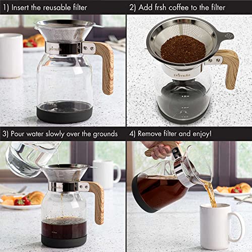 Primula Coffee Dripper Pour Over Maker Brewer Pot, Borosilicate Glass, Easy to Use and Clean, 36 oz, Light Wood