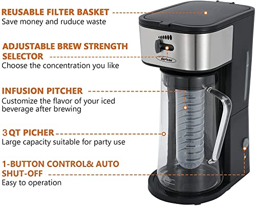 Sunvivi Iced Tea Maker and Iced Coffee Maker, 3-in-1 Coffee and Tea Machine Brewing System with 3 Quart Glass Pitcher, Strength Selector & Infuser Chamber, Perfect For Tea, Coffee, Lattes, Lemonade