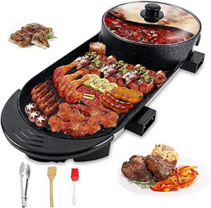 electric grill hot pot 2 in 1,multifunctional smokeless grill indoor teppanyaki grill/shabu shabu pot with divider – separate dual temperature contral, non-stick pan bbq capacity for 2-12 people,110v (black3.0)