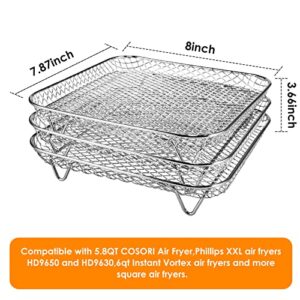 kydely Air Fryer Rack compatible with Instant Vortex,Philips,COSORI Air Fryer,8‘’ Square Three Stackable Racks,Stainless Steel Multi-Layer Dehydrator Rack Fit all 4.2QT-5.8QT Air fryer Accessories