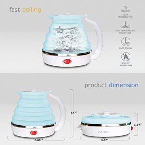 NEME Travel Foldable Electric Kettle - Collapsible Water Boiler For Coffee Tea- Food Grade Silicone - Dual Voltage 110-220V - Detachable Power Cord - Portable Kettle 600ML (Light Blue)