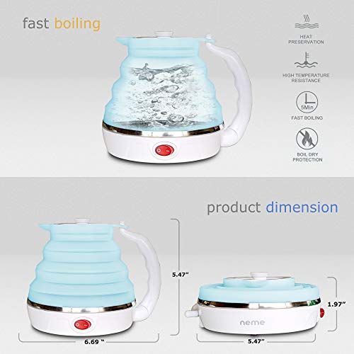 NEME Travel Foldable Electric Kettle - Collapsible Water Boiler For Coffee Tea- Food Grade Silicone - Dual Voltage 110-220V - Detachable Power Cord - Portable Kettle 600ML (Light Blue)