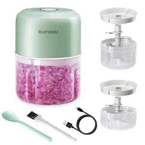 rupohu wireless electric mini food choppers, green powerful electric garlic chopper，small food processor for garlic pepper chili onion celery ginger meat with spoon and brush（100+250ml)