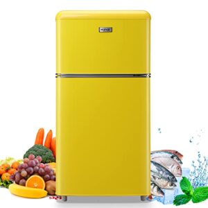 wanai compact mini refrigerator 3.2 cu.ft small refrigerator with freezer, retro mini fridge with dual door,7 adjustable thermostat, adjustable shelves for dorm, office bedroom, yellow