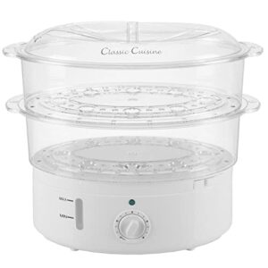 classic cuisine food steamer and rice cooker in one, two-tier food steamer for healthy meals anytime, cooks vegetables, fish, dumplings, eggs and more, 6.3 qt, clear
