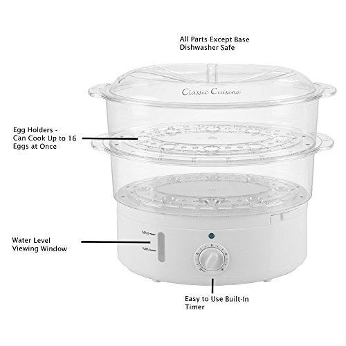 Classic Cuisine Food Steamer and Rice Cooker in one, Two-Tier Food Steamer for Healthy Meals anytime, cooks Vegetables, Fish, Dumplings, Eggs and more, 6.3 QT, Clear