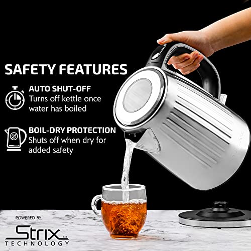 Ovente Stainless Steel Electric Kettle Hot Water Boiler 1.7 Liters - Powerful 1750W BPA Free w/ Auto Shut Off & Boil Dry Protection, Portable Instant Hot Water Pot for Coffee & Tea - Silver KS711S