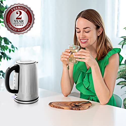 Ovente Stainless Steel Electric Kettle Hot Water Boiler 1.7 Liters - Powerful 1750W BPA Free w/ Auto Shut Off & Boil Dry Protection, Portable Instant Hot Water Pot for Coffee & Tea - Silver KS711S