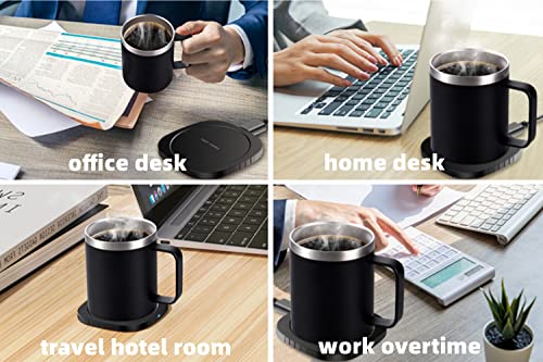 Coffee Mug Warmer & Mug Set,Self Heating Mug with Wireless Smart Charging,304 Stainless Steel Mug with Lid 12 oz,Perfect for Desktop Home Office,Gift for Coffee Lovers, Keeps Up to 131°F/55°C (Black)