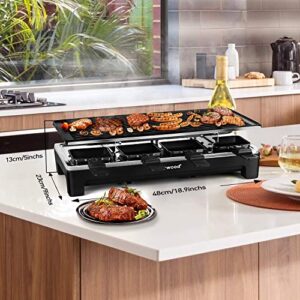 Raclette Table Grill, Techwood Electric Indoor Grill Korean BBQ Grill, Removable 2-in-1 Non-Stick Grill Plate, 1500W Fast Heating with 8 Cheese Melt Pans, Ideal for Parties and Family Fun