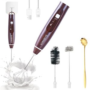 Milk Frother Handheld - Handheld Electric Blender Portable Coffee Frother USB Rechargeable 3 Speed Milk Frother with 2 Stainless Steel Blenders and 1 Cleaning Brush 1 Blending Spoon