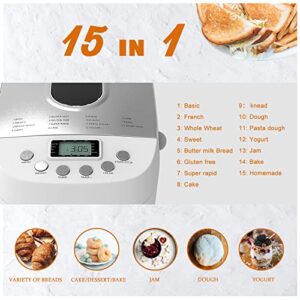 Davivy Bread Maker Machine 3LB with 2 Dough Kneading Paddle Dough Maker,15-in-1 Automatic Bread Machine Maker with Nonstick Bowl For Bread, Jam& Yogurt, 3 Loaf Sizes and 3 crust settings,15-H Delay Timer（850W,Silver,3.3LB）