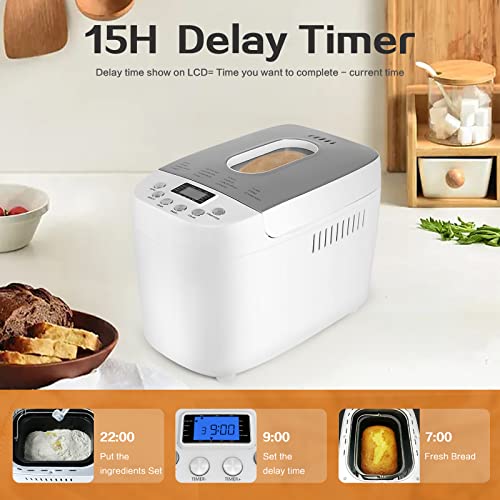 Davivy Bread Maker Machine 3LB with 2 Dough Kneading Paddle Dough Maker,15-in-1 Automatic Bread Machine Maker with Nonstick Bowl For Bread, Jam& Yogurt, 3 Loaf Sizes and 3 crust settings,15-H Delay Timer（850W,Silver,3.3LB）