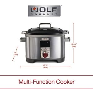 Wolf Gourmet Programmable 6-in-1 Multi Cooker with Temperature Probe, 7 qrt, Slow Cook, Rice, Sauté, Sear, Sous Vide, Stainless Steel, Red Knob (WGSC100S)