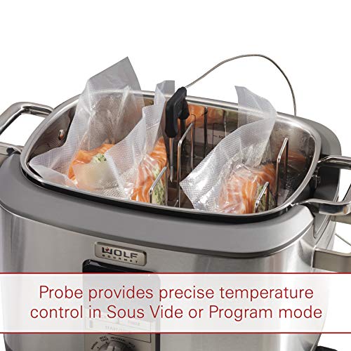 Wolf Gourmet Programmable 6-in-1 Multi Cooker with Temperature Probe, 7 qrt, Slow Cook, Rice, Sauté, Sear, Sous Vide, Stainless Steel, Red Knob (WGSC100S)