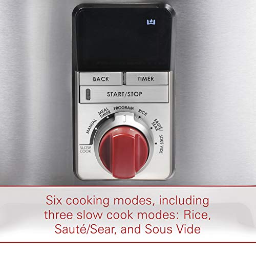 Wolf Gourmet Programmable 6-in-1 Multi Cooker with Temperature Probe, 7 qrt, Slow Cook, Rice, Sauté, Sear, Sous Vide, Stainless Steel, Red Knob (WGSC100S)