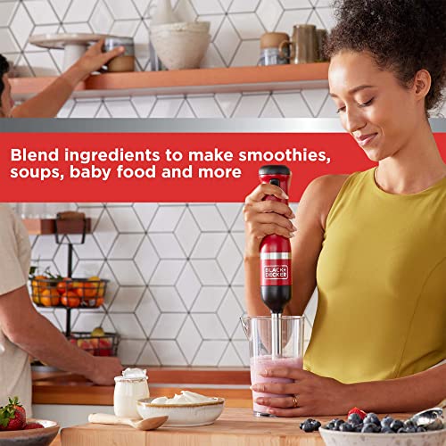 BLACK+DECKER Kitchen Wand Immersion Blender Handheld, With Charging Dock, Mixing Cup, Cordless, Red (BCKM1011K06)